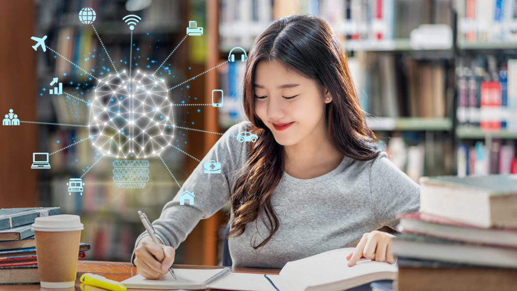 Student writing on a notebook with AI icons