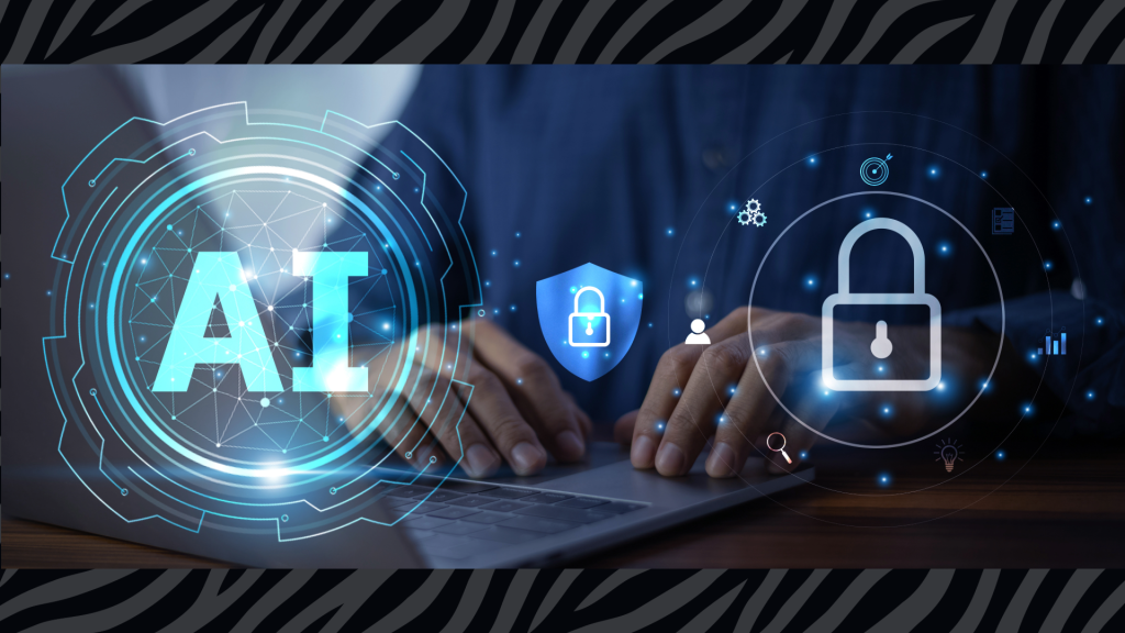 Hands at a computer with AI and security icons