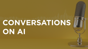 Conversations on AI with a microphone on a gold background