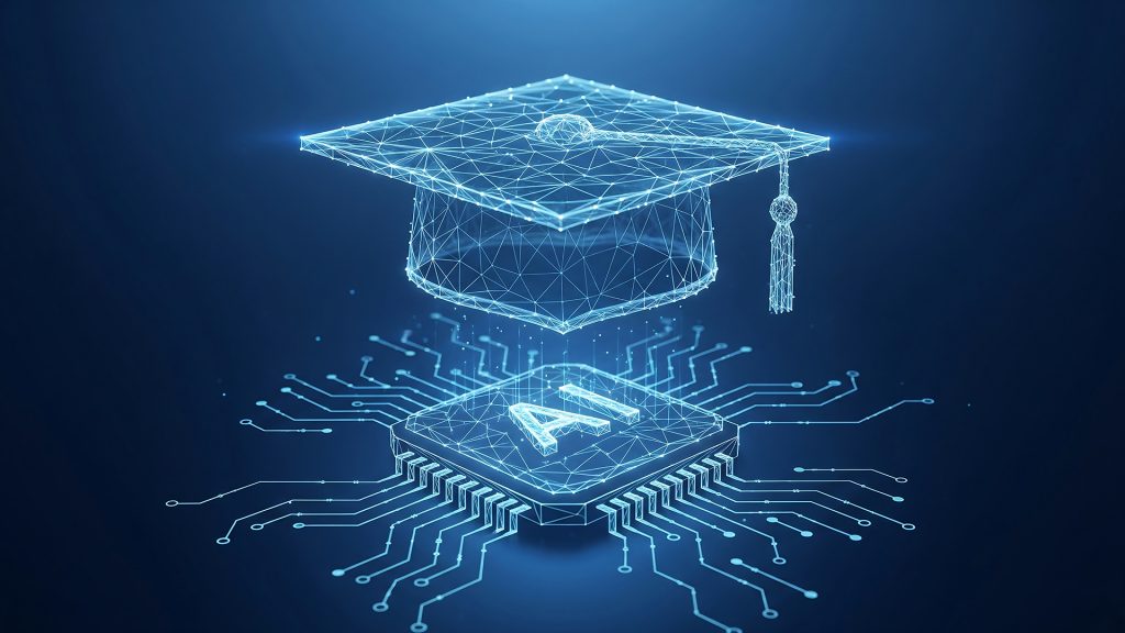Graduating cap and a stylized AI computer chip