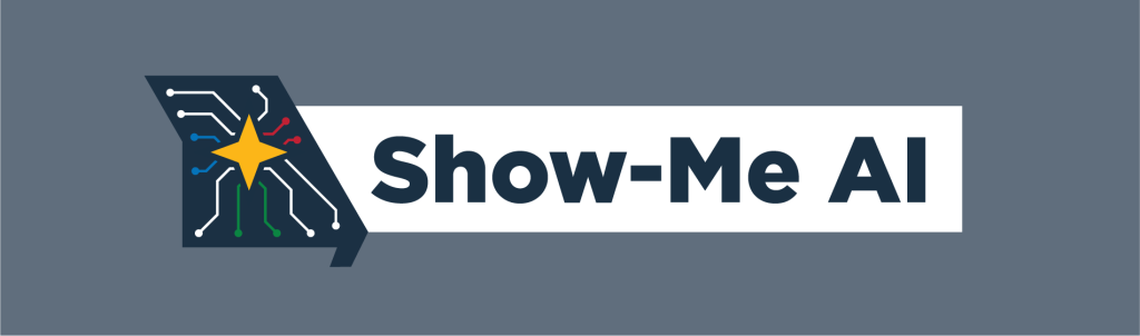 Show-Me AI with the outline of the state of Missouri with computer circuitry across the shape