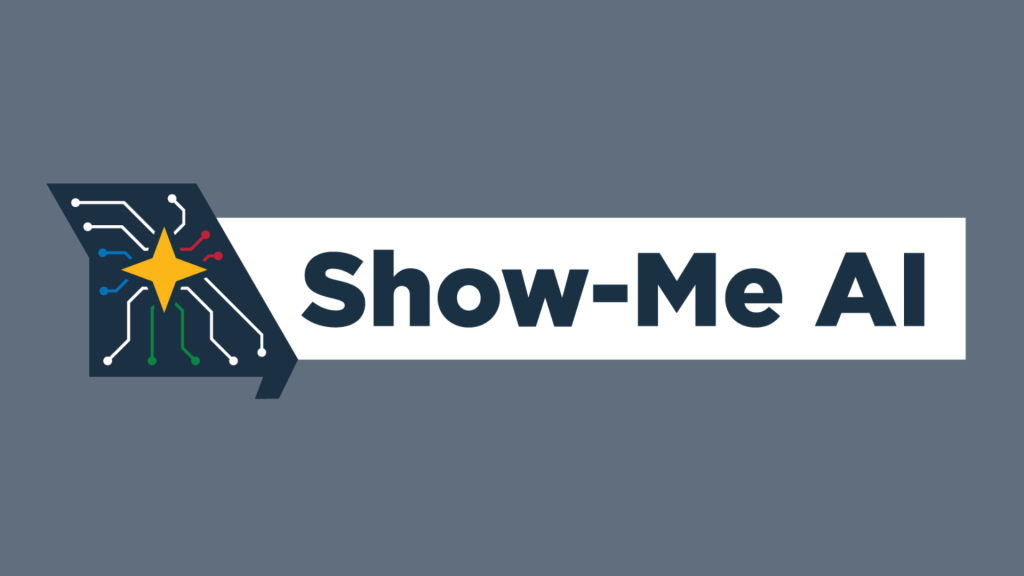Show-Me AI with the outline of the state of Missouri with computer circuitry across the shape